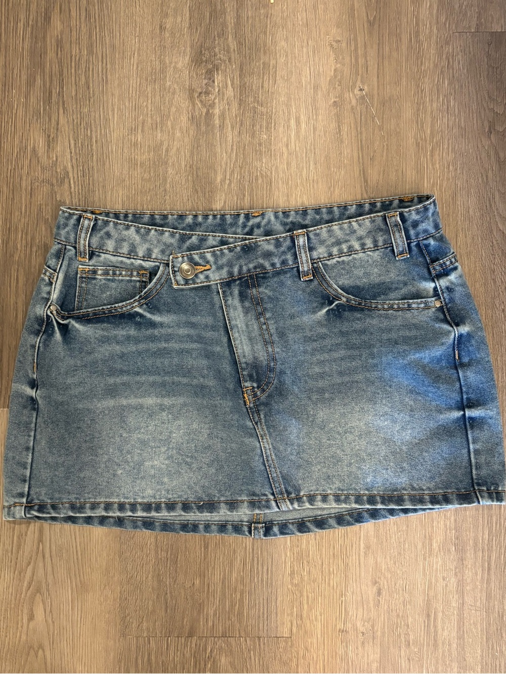Assymetrical Waistband Blue Denim Mini Skirt